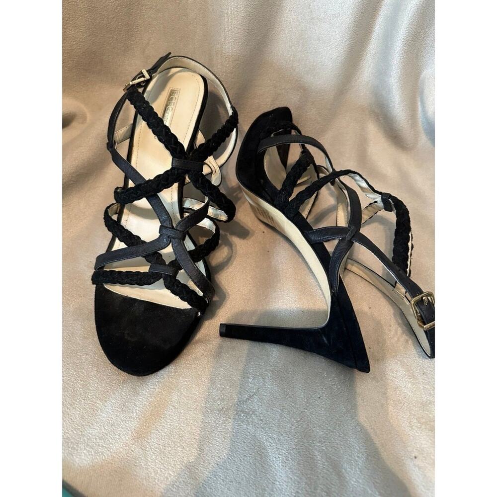 BCBGENERATION womens black strappy sandal 4 1/2 inch high heels size 9.5 leather